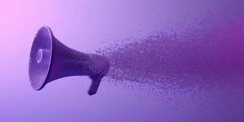 3D megaphone made of purple particles on a gradient background - obrazy, fototapety, plakaty