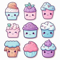 Assortment of Kawaii Dessert Stickers with Cute Faces in Pastel Tones - 781283182