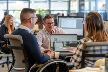 Disabled businessmen work together in the office as they discuss with colleagues.