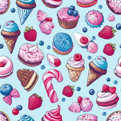 Assortment of Colorful Sweet Treats on a Light Blue Background - 781283322