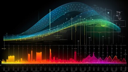 Image showcasing an abstract technological graph with curves, lines, and various charts against a dark background symbolizing sophisticated data analysis
