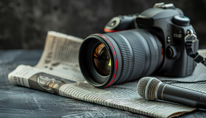 Newspaper with microphone and photo camera on dark background, closeup - obrazy, fototapety, plakaty