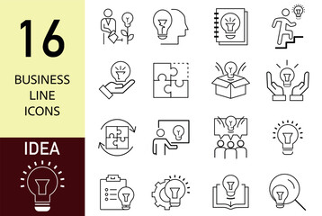 Line icons about creative ideas and solutions. Editable vector stroke. Business line icons.