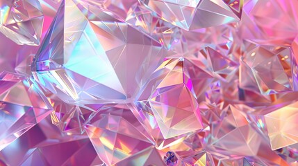 Detailed 3D render of abstract geometric crystal background, iridescent texture, faceted gemstone. - obrazy, fototapety, plakaty