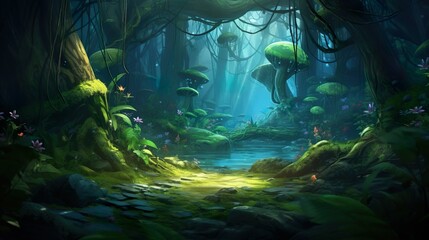 A serene, otherworldly forest with glowing mushrooms, a gentle river, and beams of light filtering through the canopy