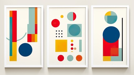 A triptych of abstract art prints featuring color blocks and simple shapes in a colorful and bold mid-century modern style