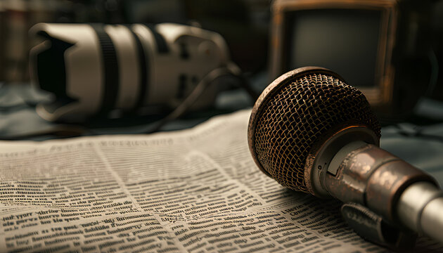 Newspaper with microphone and photo camera on dark background, closeup