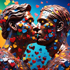 zwei schwule Männer aus Schokolade gleichgeschlechtlich küssen sich gegenüber stehend, süße bunte Herzen flattern, wie aus Zucker vor einem Hintergrund aus regenbogen Farben, Liebe Vorlage Hochzeit  - obrazy, fototapety, plakaty