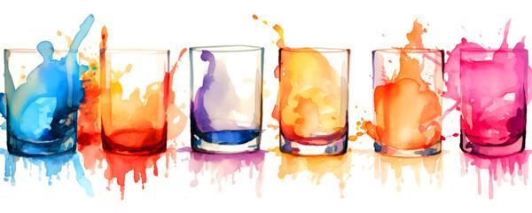 Row of Watercolor Painted Glasses with Colorful Splashes - 781284135