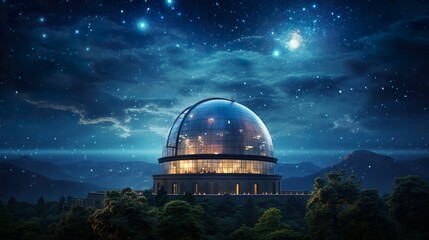 Obraz premium An observatory bathes in the soft glow of lights under a magnificent starry sky surrounded by shadowy mountains