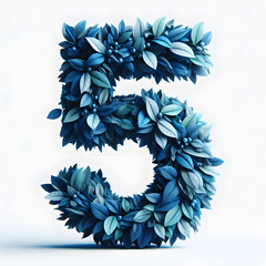 the number 5 is made out of blue Leaves, Isolated on a white background, leaves numbers concept, Creative Alphabet, numbers, Natural Blue
