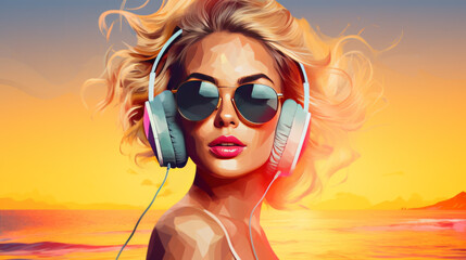 Woman Enjoying Sunset Music on Tropical Beach with Headphones - 781284309