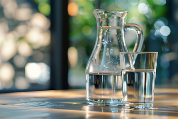 Close-up carafe and glass with water. Concept of hydration and water balance.