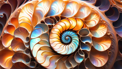 maritim abstrakte Vorlage Hintergrund, geschwungen dynamisch natürlich in bunt Perlmutt glänzend, Spirale wie fossile Ammonite Nautilus Muschel Schnecke, bewegt kurvig wellig schneckenförmig Meer - obrazy, fototapety, plakaty