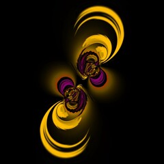 On a plain black background yellow gold and purple cyclone style lcute doodle cartoon design with symmetry