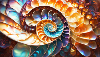 maritim abstrakte Vorlage Hintergrund, geschwungen dynamisch natürlich in bunt Perlmutt glänzend, Spirale wie fossile Ammonite Nautilus Muschel Schnecke, bewegt kurvig wellig schneckenförmig Meer - obrazy, fototapety, plakaty