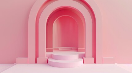The scene has geometrical forms, an arch with a podium, minimal background, and a pink background.