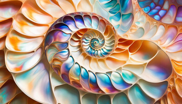 maritim abstrakte Vorlage Hintergrund, geschwungen dynamisch nat&uuml;rlich in bunt Perlmutt gl&auml;nzend, Spirale wie fossile Ammonite Nautilus Muschel Schnecke, bewegt kurvig wellig schneckenf&ouml;rmig Meer