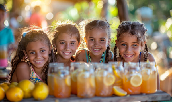 Children selling lemonade outdoor in a lemonade stand