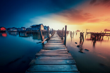 A tranquil waterfront view at sunset with a rustic wooden dock leading towards stilt houses under a colorful sky. - obrazy, fototapety, plakaty