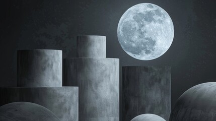 An abstract cylinder box backdrop with a full moon background. 3D rendered. Background for a mid autumn festival.