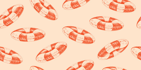 Seamless pattern with sketch style lifebuoy. Background with hand drawn beach inflatable ring. Texture with engraved swim ring