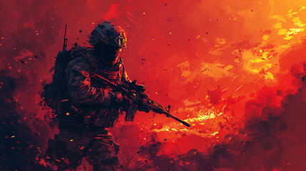 Soldier on flame background, military action concept