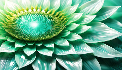 Makro einer Blumen Blüte aufgeblüht sommerlich frisch, wie eine Sonnenblume im Licht, grün schimmernd, wie Perlmutt als Dekoration, natürlicher Hintergrund und schlichte Vorlage für Umwelt nachhaltig 