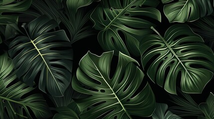 A dark background enhances the rich green tones and varied shapes of the monstera leaves in this image