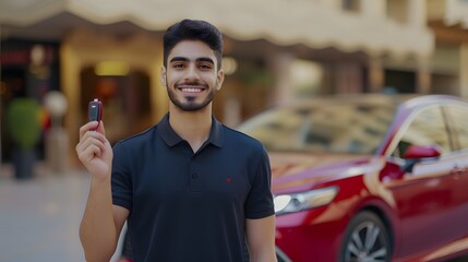 Portrait of a young Indian man holding a car key and smiling