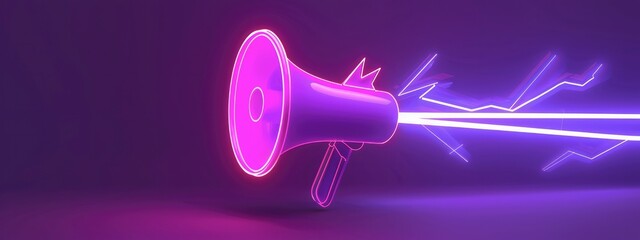 3D neon megaphone with lightning icon on purple background, futuristic chromatic waves