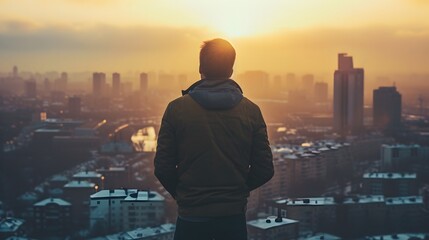 Man looking at the sunset over the city. The concept of a successful life.