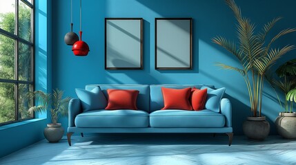 Modern creative living room interior design backdrop ideas concept house beautiful background elevation of sofa with decorative photo paint frame full wall background. Design concept.