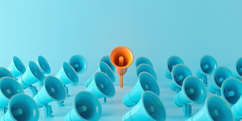 Multiple blue megaphones arranged in rows on a light cyan background, with one orange loudspeaker standing out from the crowd. The concept conveys creativity and individuality among many people. - obrazy, fototapety, plakaty
