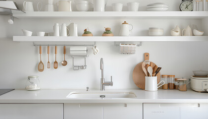Fototapeta na wymiar White counters with sink and utensils in interior of modern kitchen