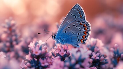 Obraz premium Beautiful blue butterfly on heather flowers in the field, lavender and pink pastel colors, created by ai