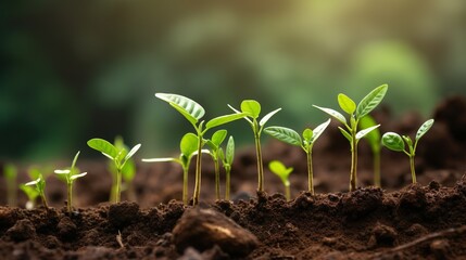 A gradient of plant growth stages from left to right in rich soil, showcasing the life cycle of flora