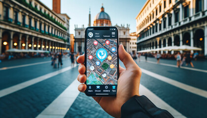 Digital Guide in Hand: Traveler Navigating City Square