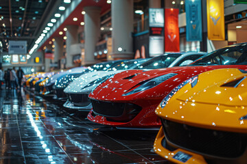 Display of high-end sports cars at exclusive auto show or premium showroom. Exuding wealth and...