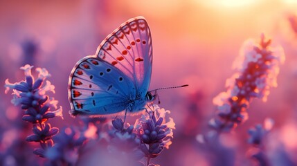 Beautiful blue butterfly on heather flowers in the field, lavender and pink pastel colors, created...