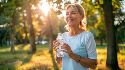 An adult European woman runs in the park in the morning and holds a bottle of water in her hand....
