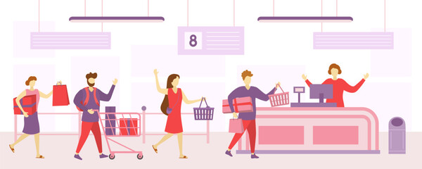 Men and women in casual clothes in queue. Customers Stand in Line at Grocery or Supermarket Turn with Goods in Shopping Trolley Put. Characters people in queue in store. Vector illustration