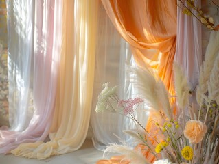 Close up booho curtains with pastel colors wedding decoration with shadows and natural lights