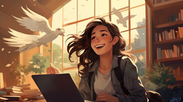 Artistic rendering of a joyful girl with a laptop, delighted by a dove at a sunny window in a cozy room
