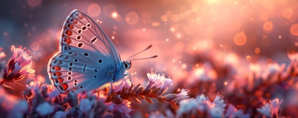 Beautiful blue butterfly on heather flowers in the field, lavender and pink pastel colors, created by ai