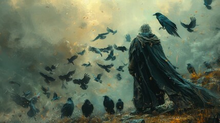Digital painting of a magician warrior surrounded by crows - obrazy, fototapety, plakaty
