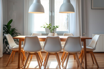  Modern Dining Room Interior with White Chairs and Wooden Table