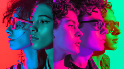 Multi-Ethnic Group in Vivid Neon Lights Showcasing Modern Youth Culture