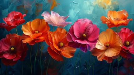 Digital painting with bright colors of abstract flowers, illustration