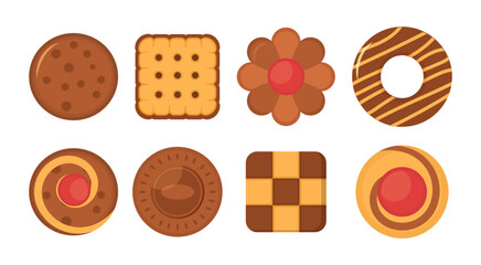 Biscuit bread cookies icon set. Big set different colorful pastry cookie. Set of different chocolate and biscuit chip cookies, gingerbread and waffle isolated on white background. Vector illustration.